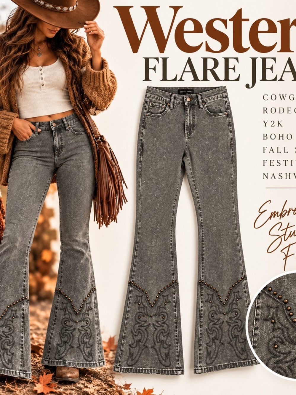 Fashion Nova Western Flare Jeans Size 3 Olive Green Studded Embroidered Y2K